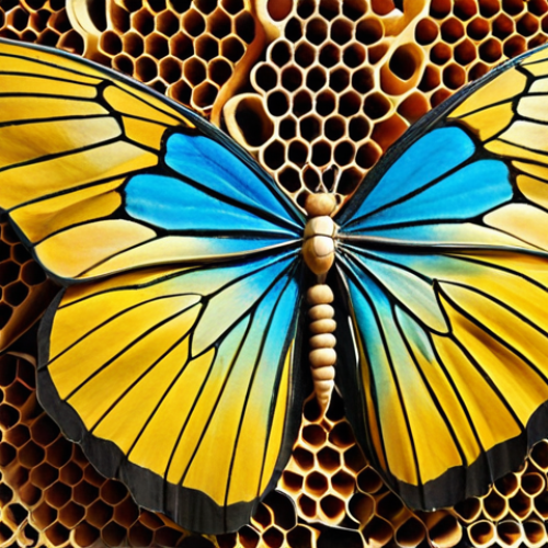 Home 15 **
"A vibrant, colorful biomimicry art installation made from recycled or bio-based materials. The artwork mimics the structure of a natural element like a butterfly wing or honeycomb, emphasizing sustainability and innovation. Close-up, detailed."
**