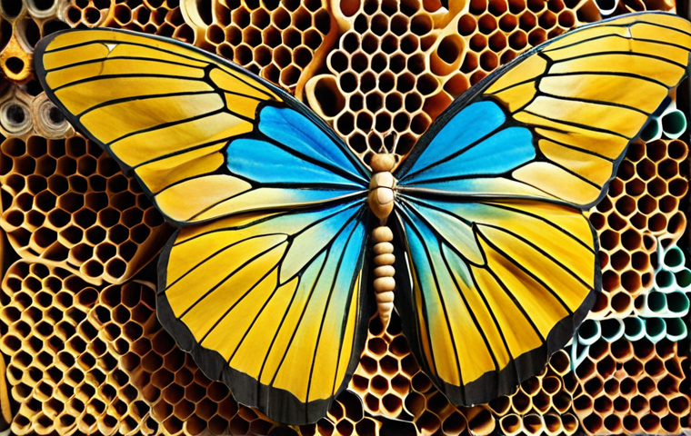**
"A vibrant, colorful biomimicry art installation made from recycled or bio-based materials. The artwork mimics the structure of a natural element like a butterfly wing or honeycomb, emphasizing sustainability and innovation. Close-up, detailed."
**