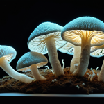 **"Sculpture made of glowing mycelium filaments, bioluminescent, dark background, biomimicry art, high detail."** (Inspired by the use of mushroom mycelium and genetically modified silkworms.)