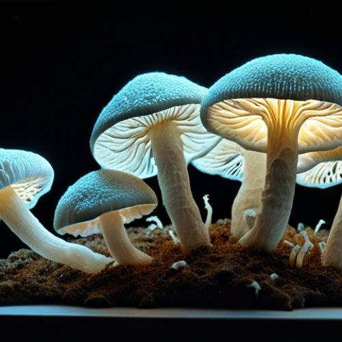 Home 14 **"Sculpture made of glowing mycelium filaments, bioluminescent, dark background, biomimicry art, high detail."** (Inspired by the use of mushroom mycelium and genetically modified silkworms.)