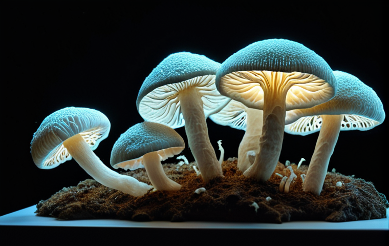 **"Sculpture made of glowing mycelium filaments, bioluminescent, dark background, biomimicry art, high detail."** (Inspired by the use of mushroom mycelium and genetically modified silkworms.)