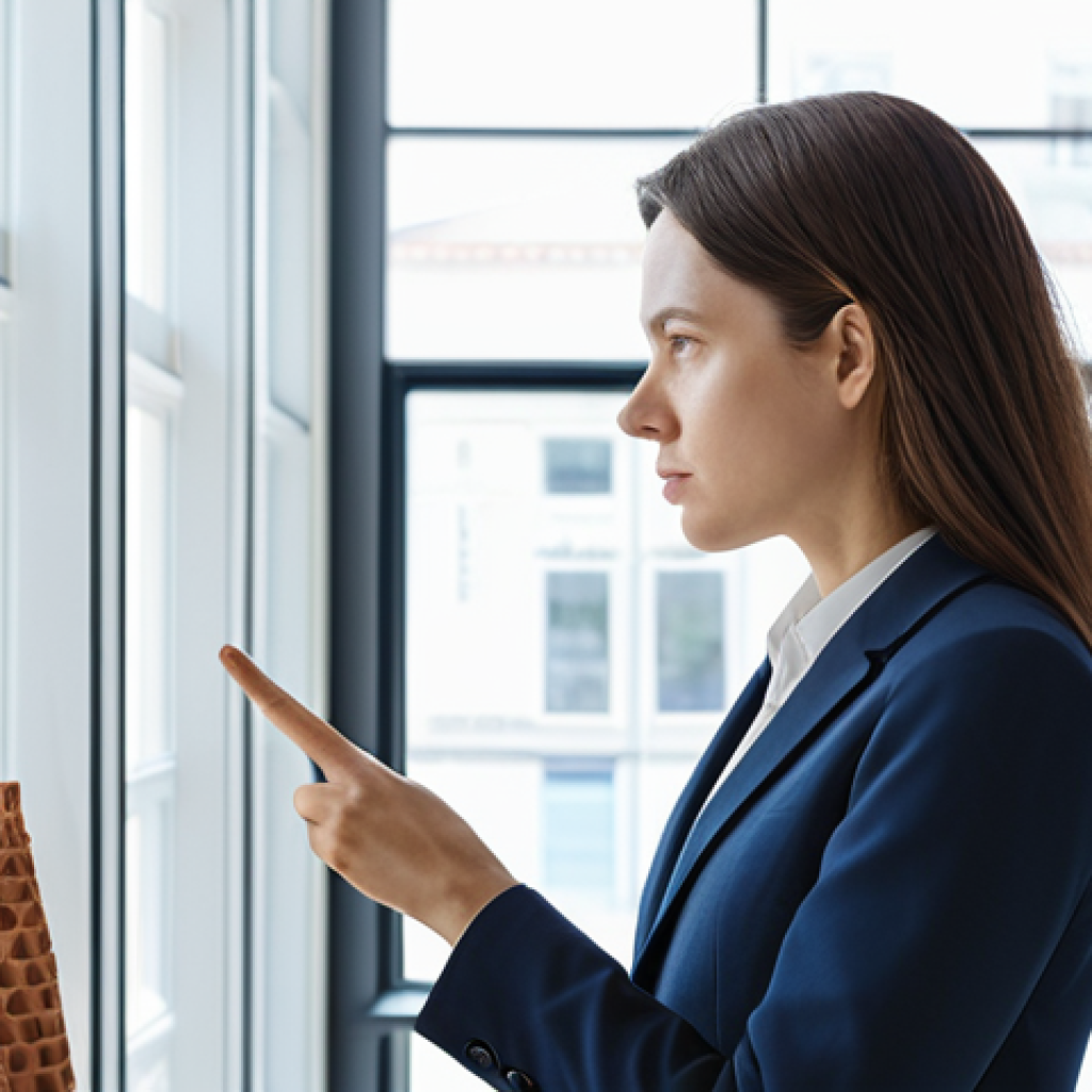 A professional female architect, fully clothed in a modest business suit, thoughtfully observing a detailed 3D model of a building facade inspired by a termite mound's natural ventilation system. She is standing in a brightly lit, modern design studio with large windows, showcasing innovative bio-inspired prototypes on display. The focus is on the intricate, efficient design of the model and the architect's engaged expression. safe for work, appropriate content, fully clothed, professional dress, perfect anatomy, correct proportions, natural pose, well-formed hands, proper finger count, natural body proportions, professional photography, high quality.