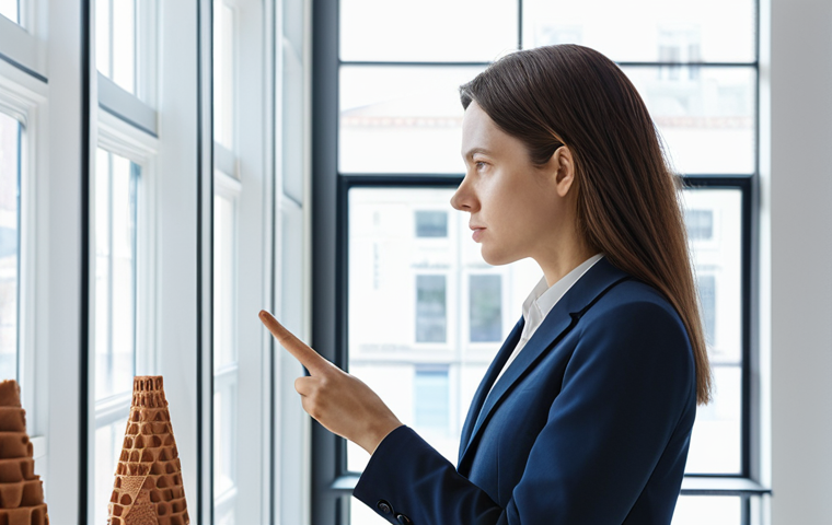 A professional female architect, fully clothed in a modest business suit, thoughtfully observing a detailed 3D model of a building facade inspired by a termite mound's natural ventilation system. She is standing in a brightly lit, modern design studio with large windows, showcasing innovative bio-inspired prototypes on display. The focus is on the intricate, efficient design of the model and the architect's engaged expression. safe for work, appropriate content, fully clothed, professional dress, perfect anatomy, correct proportions, natural pose, well-formed hands, proper finger count, natural body proportions, professional photography, high quality.