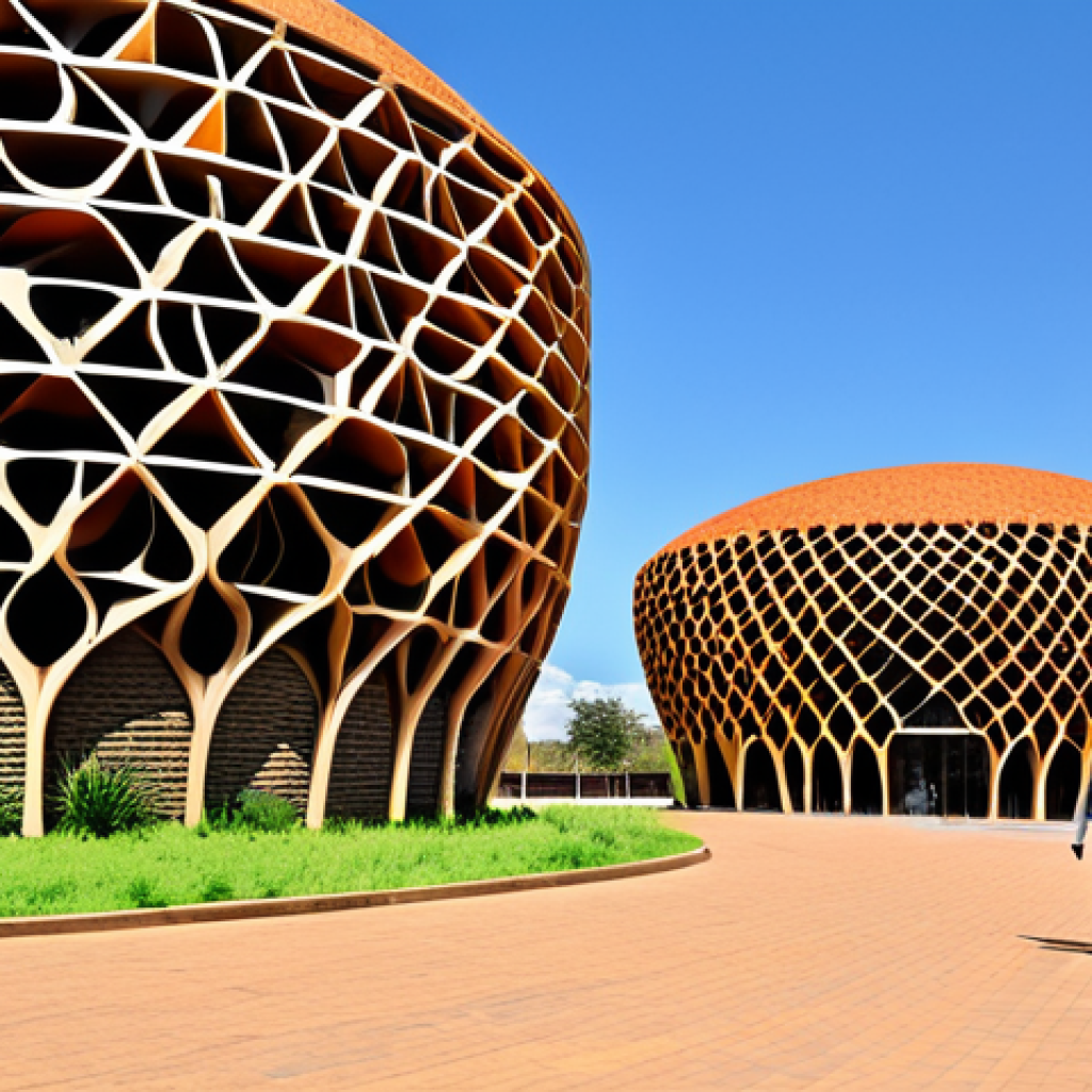 Architectural Biomimicry**
"Modern office building exterior, inspired by the ventilation system of termite mounds, Eastgate Centre Harare style, sustainable design, fully clothed people walking around, professional setting, clear daylight, architecture photography, perfect anatomy, natural proportions, safe for work, appropriate content, fully clothed, professional."
**