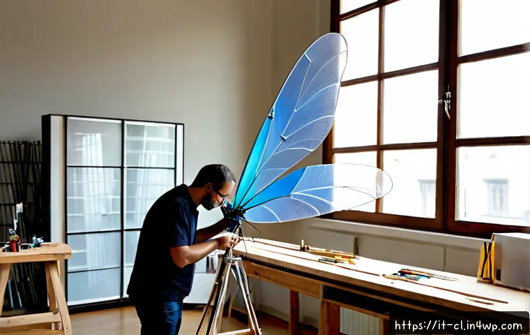 Home 12 생체모방 예술의 기술적 도전 - Photorealistic Italian contemporary art studio in Milan, an engineer-artist carefully assembling a l...