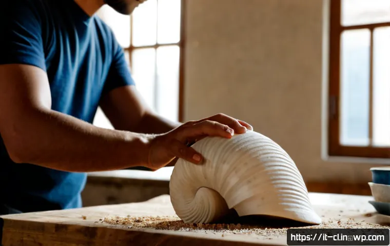 생체모방 예술을 위한 창작 기법 - Photorealistic Italian artist’s studio in Florence, close-up of an artisan shaping a delicate cerami...